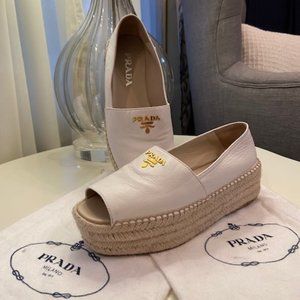 Prada Peep Toe Platform Espadrille In White  EU 38
